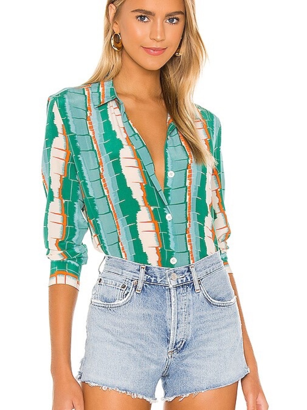 Equipment Femme Sz S 100% SilK Abstract Green Print Button Front Blouse
